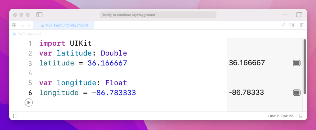 Double and Float variables. `longitude` has a 3 missing off the end in the printout.
