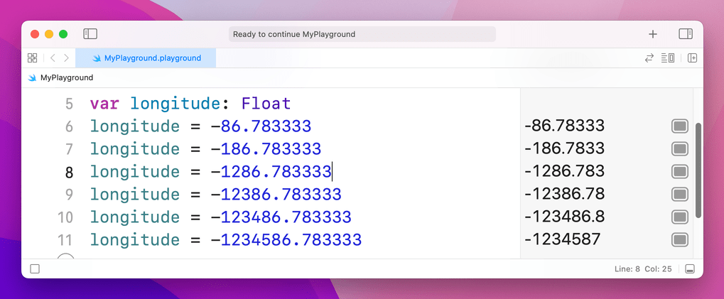 Printouts of various Float values. The input gets longer, but the output is shortened to always be the same length.