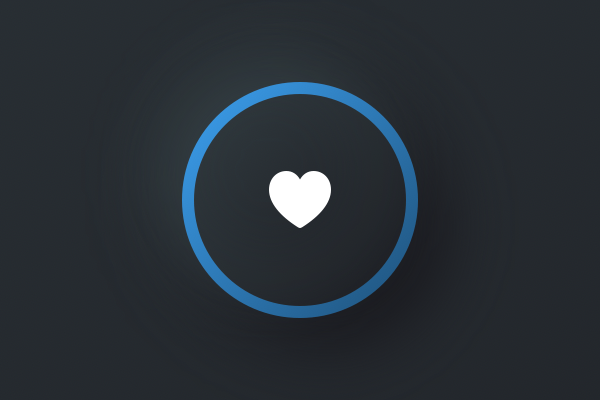 A dark button that has a blue ring around its edge.