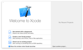 Gdy uruchomisz XCode, ten zapyta Cię jakiego rodzaju projekt chcesz stworzyć. Wybierz proszę "Get started with a Playground."
