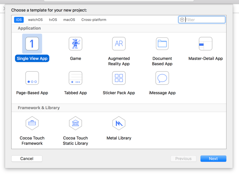 Tworzenie nowego Single View App projektu w Xcode.