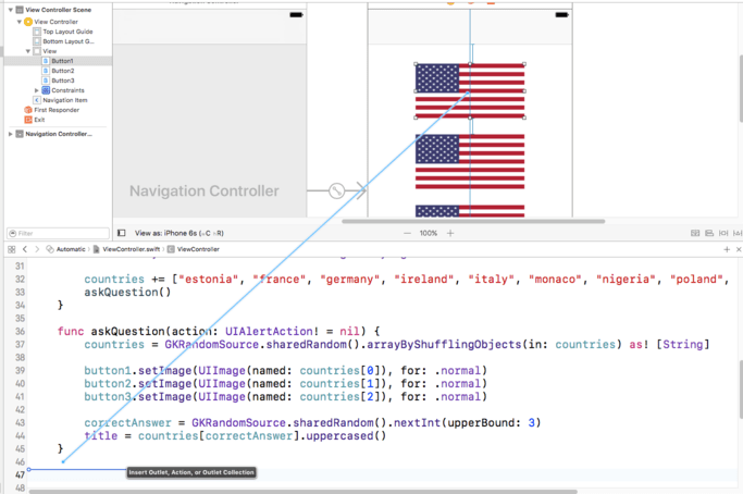 La création d'une action dans l'éditeur de Xcode est très similaire à la création d'un outlet.