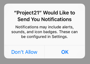 When you request permission to show notifications, iOS shows an alert like this one.