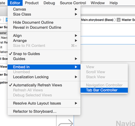 Der Interface Builder kann einen View Controller direkt mit nur einem Menü-Klick in einen Tab Bar Controller einbetten.