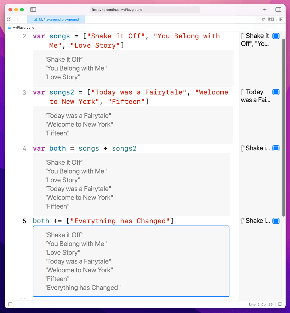 Combining and appending to Arrays with the plus and plus-equals operators respectively.