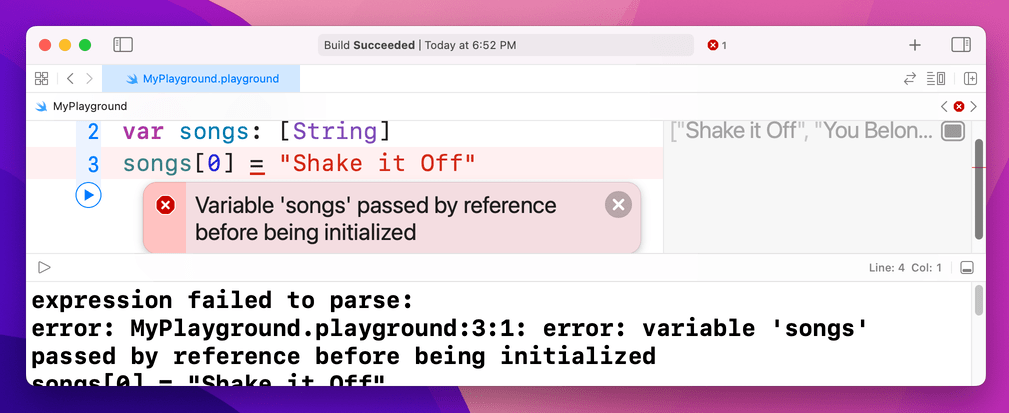 The above code causes an error: variable 'songs' passed by reference before being initialized.