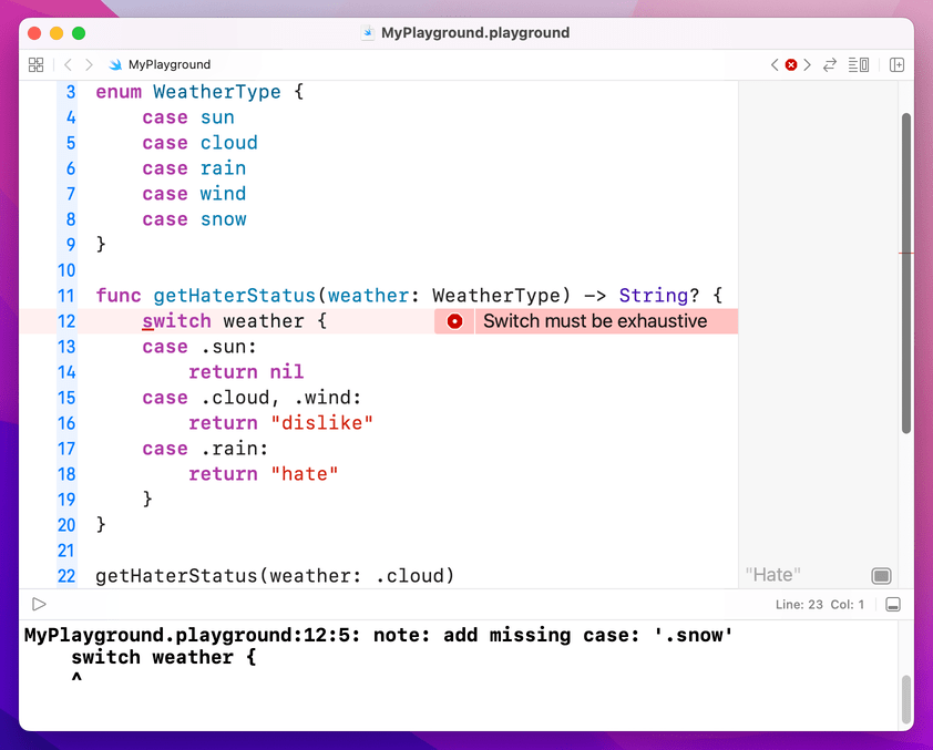 Xcode highlights a missing “WeatherType.snow” case.
