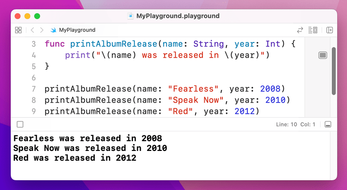 A function with `name` and `year` parameters.