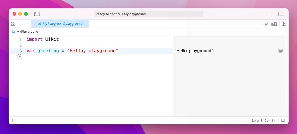 Playground with code on the left, and “Hello, playground” on the right.