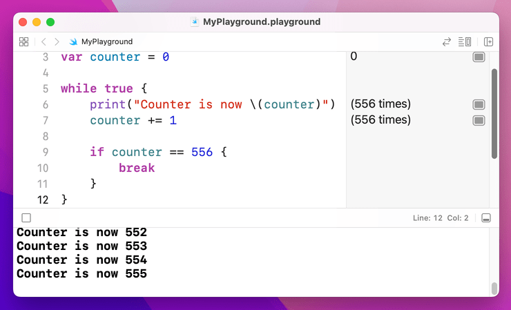 Using a while loop to iterate to 555.