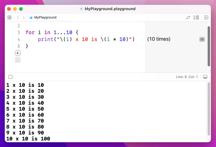 Printing out the ten times table with a for loop.