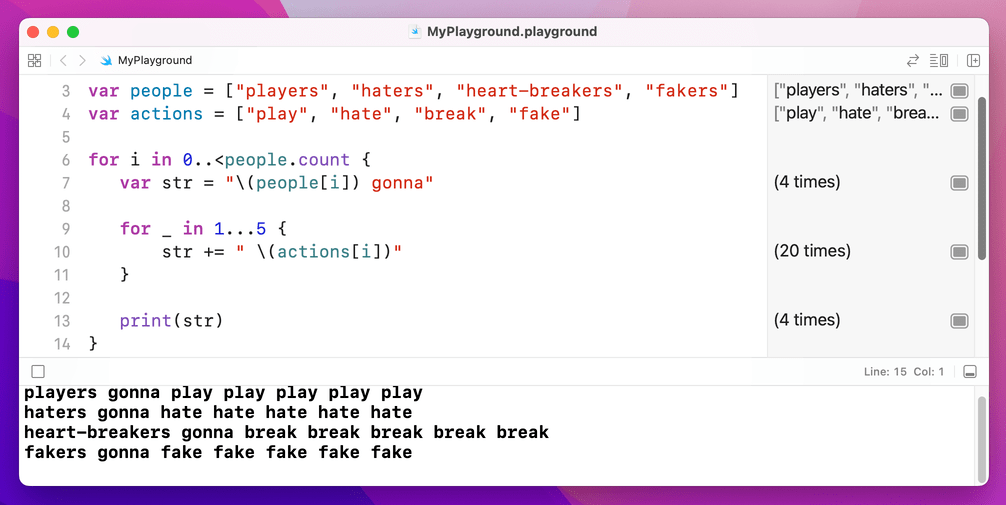 Using a nested for loop to print “Shake it Off”.