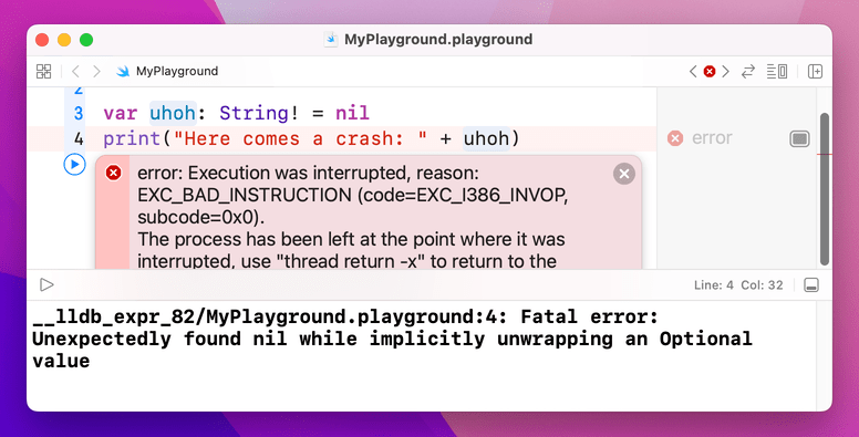 A crash caused by using an implicitly-unwrapped Optional containing nil.