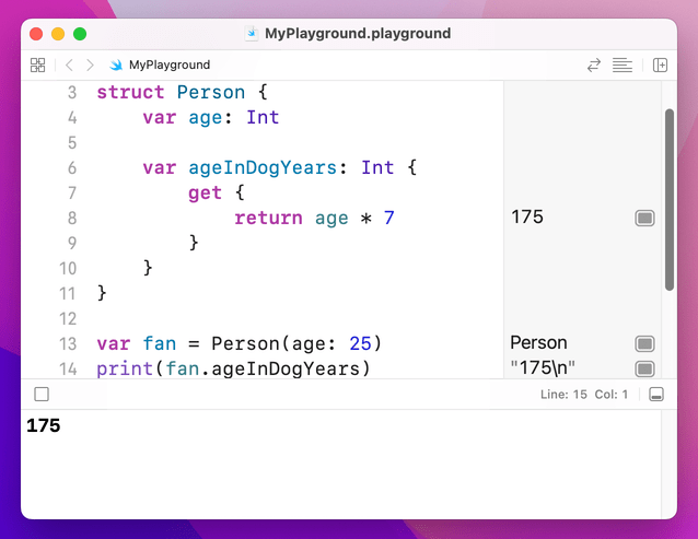 `ageInDogYears` is computed using the `get` code, printing 175.