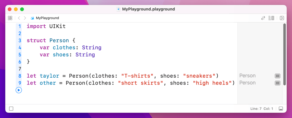 Initializing two `Person` structs by telling Swift their clothes and shoes.