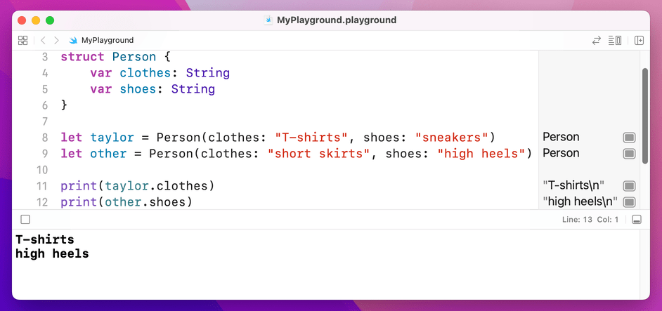Accessing the `clothes` and `shoes` propeties of our `Person` structs.