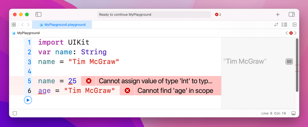 Errors from assigning String to Int and the other way around.