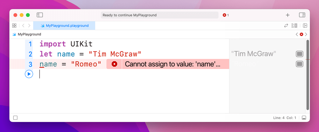 Playground showing error on line 3.