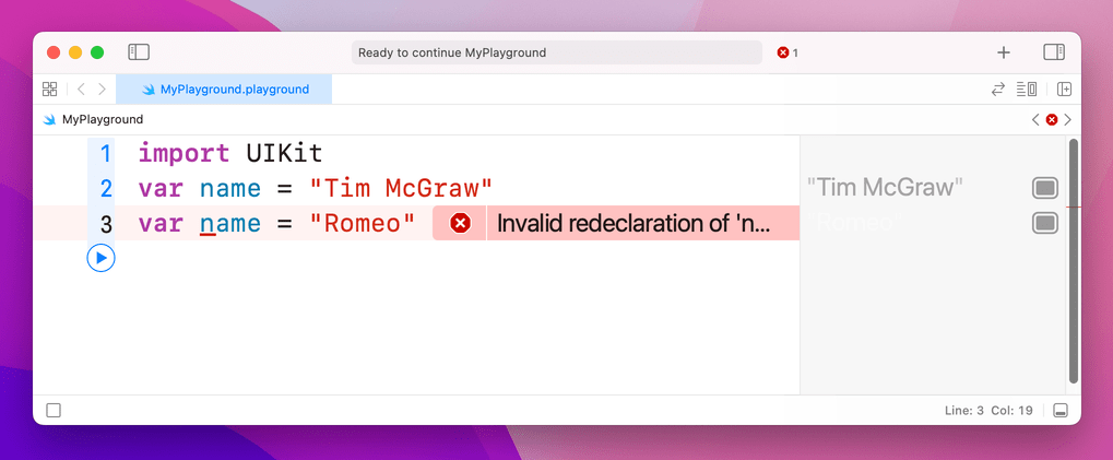 Playground showing error on line 3 due to an invalid redeclaration of 'name'.