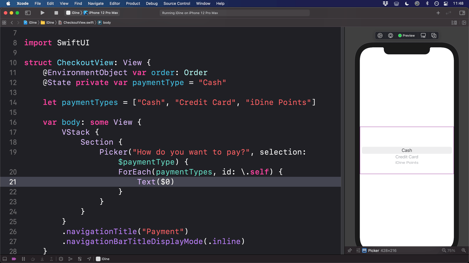 Xcode showing the SwiftUI code required to generate a wheel picker for iOS, with a preview showing the results.
