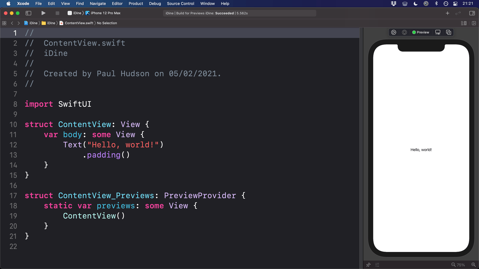 Xcode showing code on one side and the SwiftUI preview area on the other side.