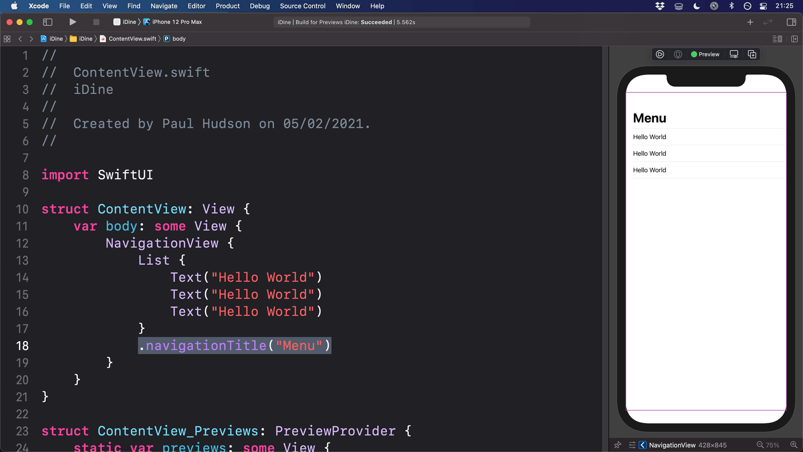 Xcode showing code with three list items, and the SwiftUI preview showing that rendered in a virtual device.