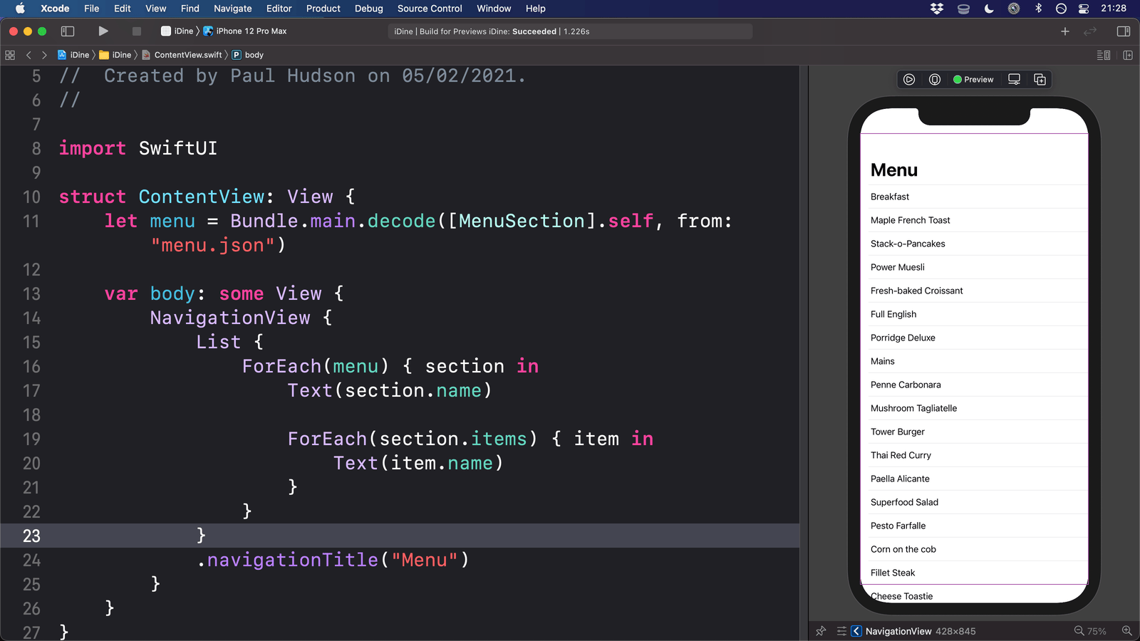 Xcode showing a SwiftUI list with many items, and a navigation bar at the top. Next to it is the code required to make the preview.
