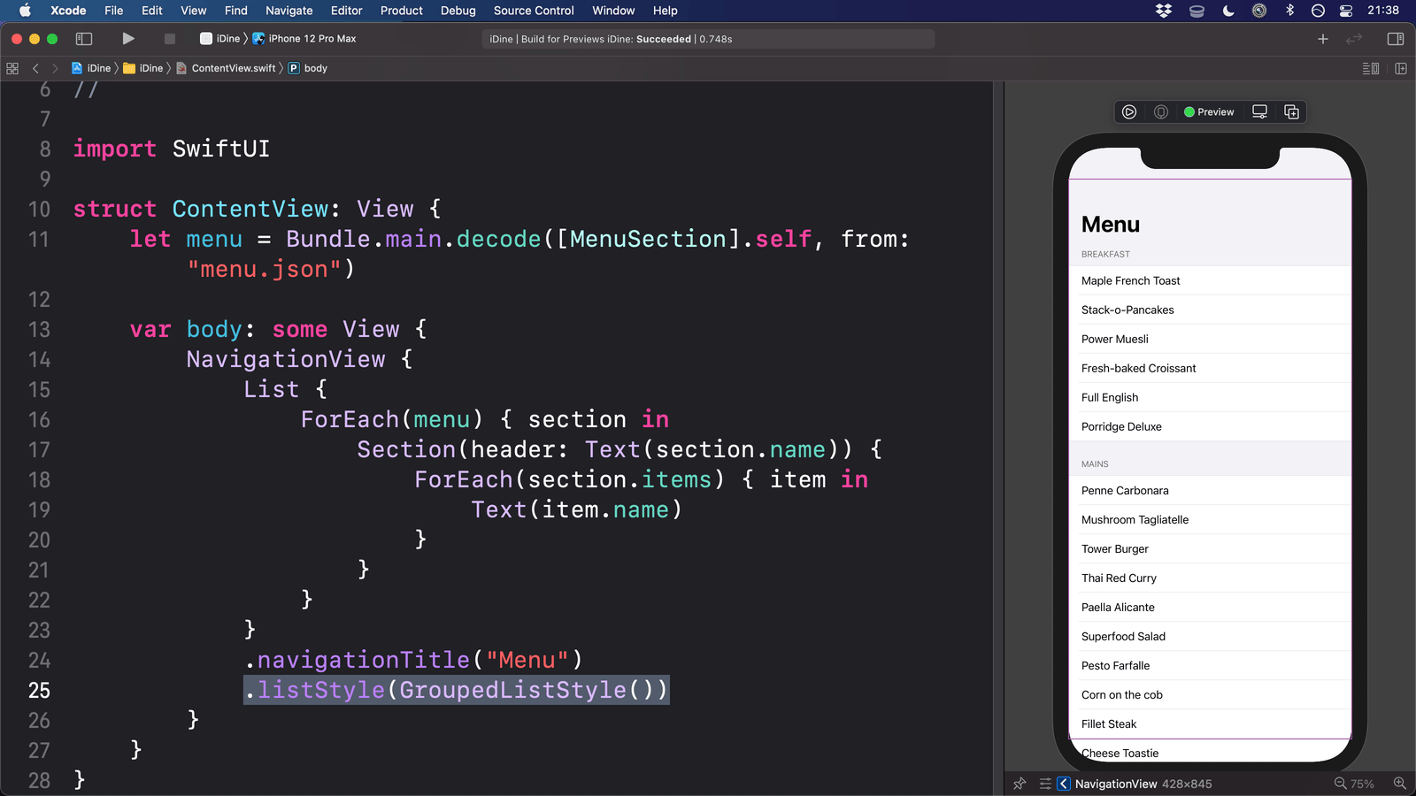 The SwiftUI list is now split neatly into grouped sections.