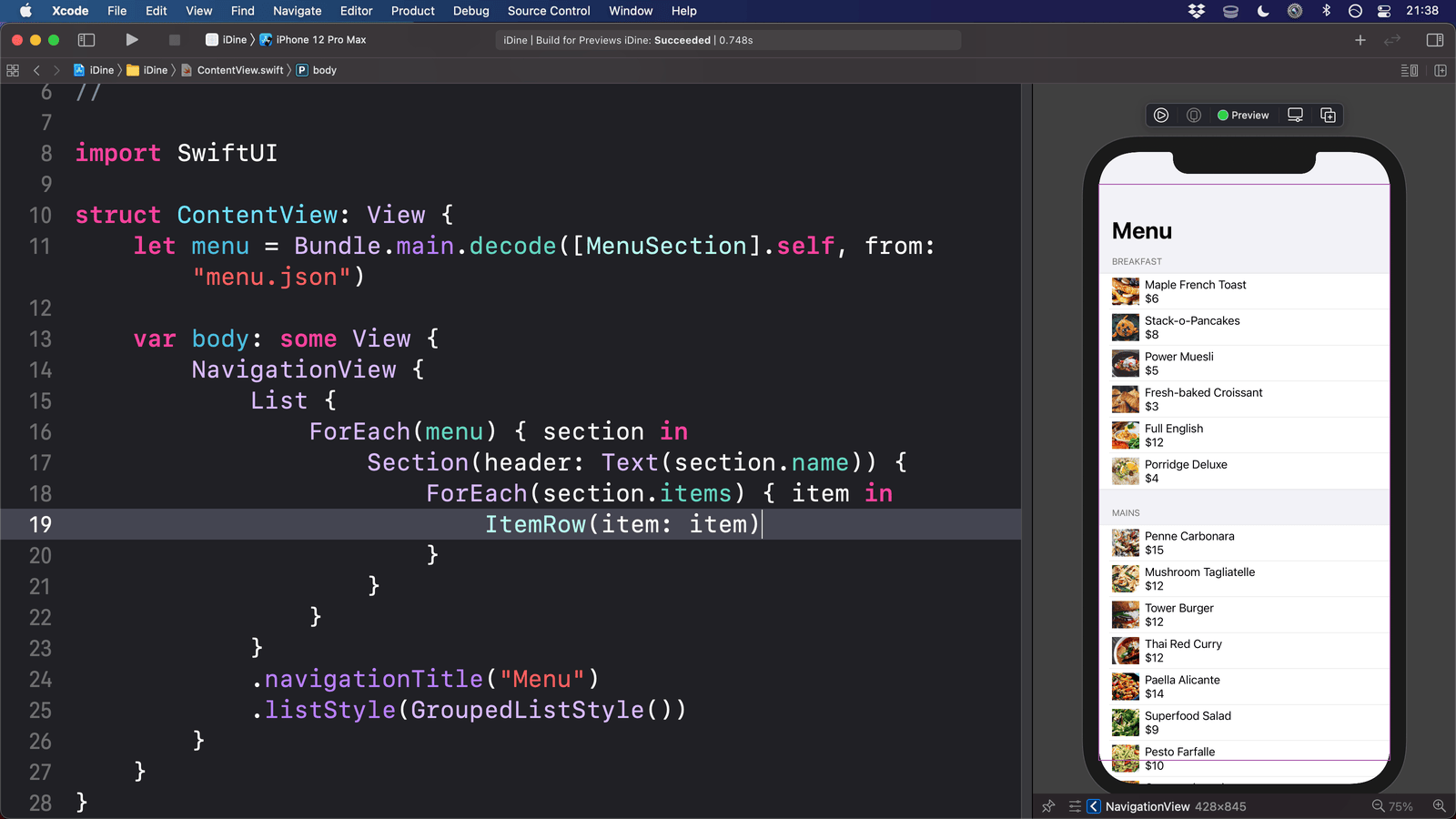A SwiftUI list with a picture, title, and caption for each row.