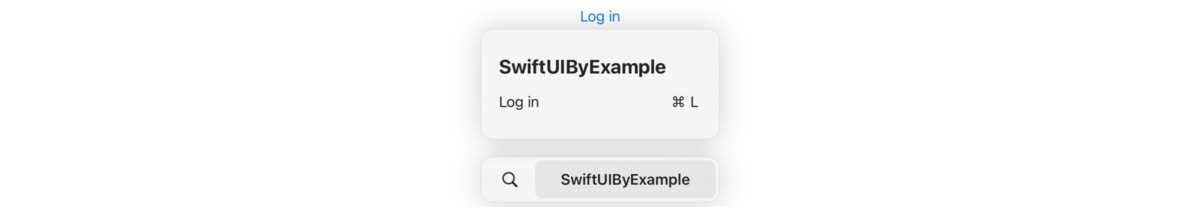 The words “Log in” in blue, indicating they are tappable. Below that is iPadOS's command palette showing the Log In command has the Cmd + L shortcut.