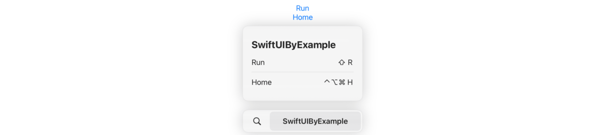 The words “Run” and “Home” in blue, indicating they are tappable. Below that is iPadOS's command palette showing that “Run” has the shortcut Shift + R, and “Home” has shortcut Ctrl + Opt + Cmd + H.