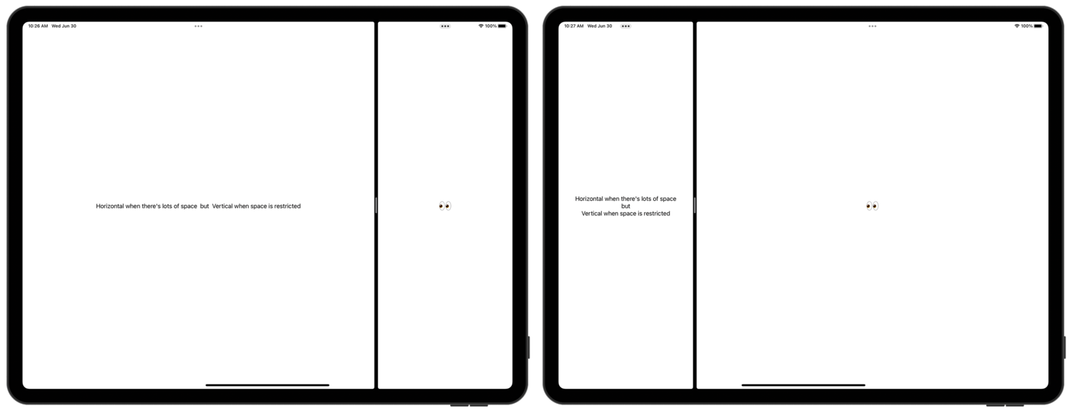 An iPad showing two lines of text side-by-side in an app that spans the right two thirds of the screen. Another iPad showing two lines stacked vertically in an app that spans only the right third of the screen