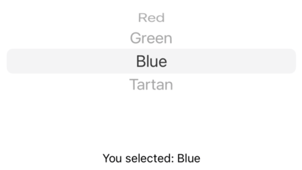 A wheel picker showing Red, Green, Blue, and Tartan. Blue is selected. Below is the text “You selected: Blue”.