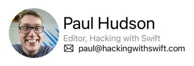 A circular image of Paul Hudson. Beside it are three lines of text: “Paul Hudson” in large print, “Editor, Hacking with Swift” in gray, and an envelope icon beside an email address.