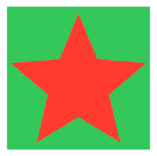 A red five pointed star on a green square.