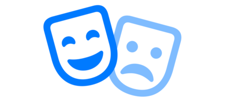 A symbol showing a smiling blue mask in the foreground and a fainter sad blue mask in background.
