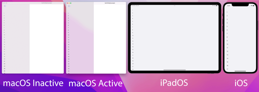 An inactive macOS window with an opaque sidebar, an active macOS window with a translucent sidebar, an iPad with a list, and an iPhone with a list. The iPad and iPhone lists have gray backgrounds and no list-item separators.