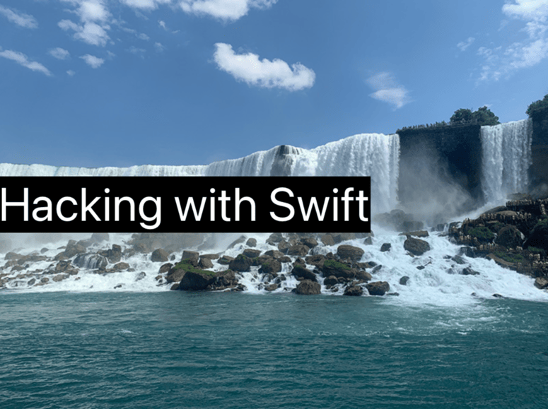 “Hacking with Swift” in white text on a black rectangle, touching the left edge of an image of Niagara Falls.