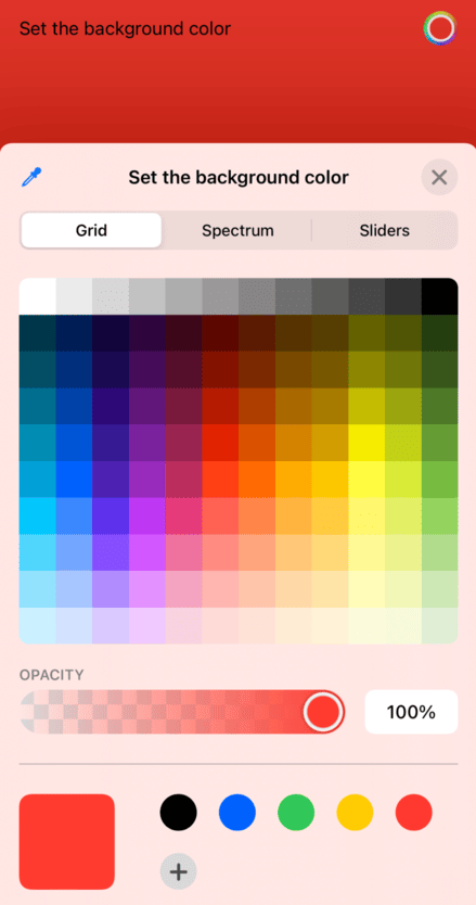 The words “Set the background color” and a rainbow colored ring, below which is a grid style color picker with an opacity slider.