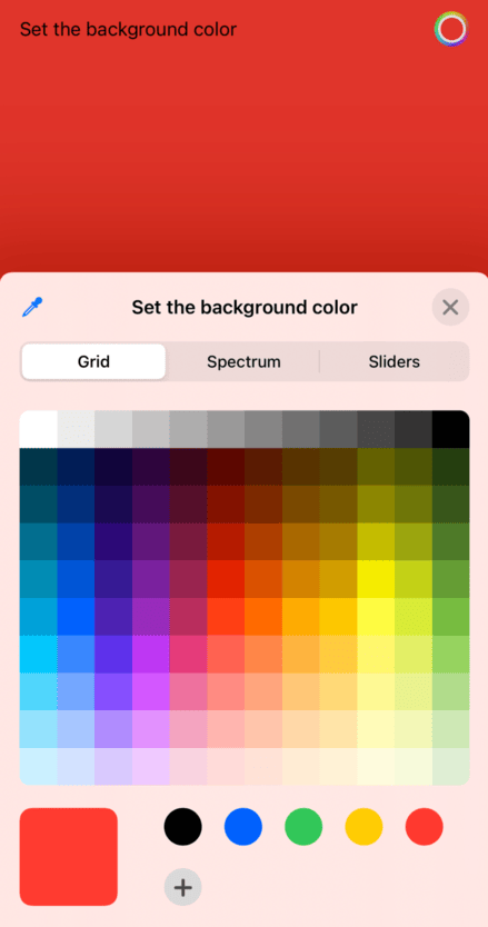 The words “Set the background color” and a rainbow colored ring, below which is a grid style color picker without an opacity slider.