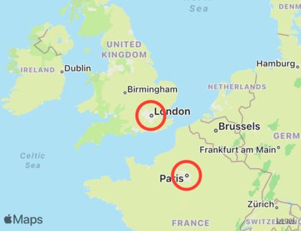 A map showing Western Europe and the British Isles. London and Paris are labelled and circled in red.
