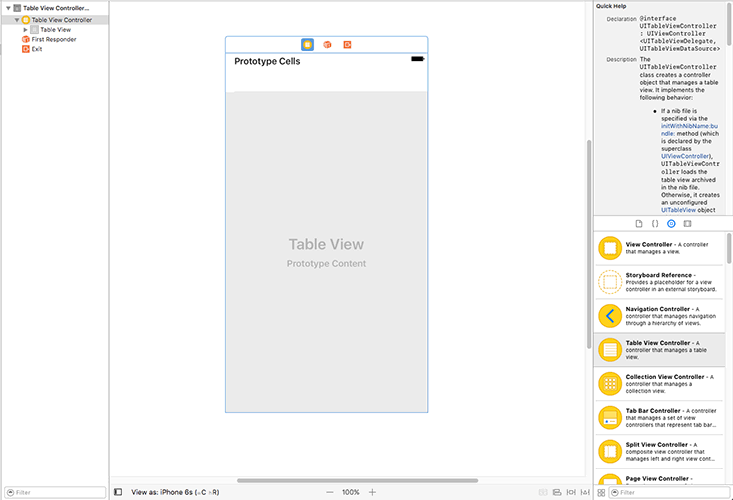 Orijinal görüntü denetleyicisini silip, yeni bir tablo ekranı denetleyicisi ile değiştirdiğinizde, Xcode bu şekilde görünür.