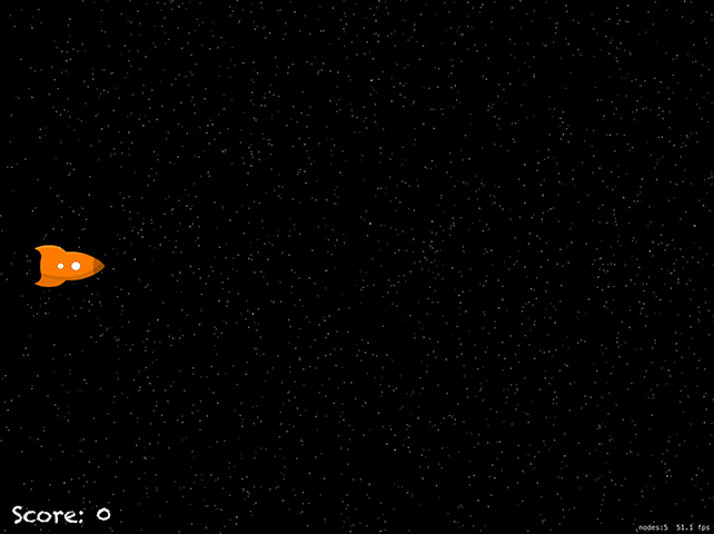 Our basic game has the user piloting a space rocket through space.