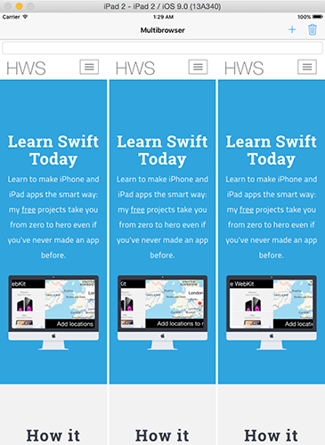 Our app so far: users can add multiple web views, and the UIStackView automatically fits them in equally.