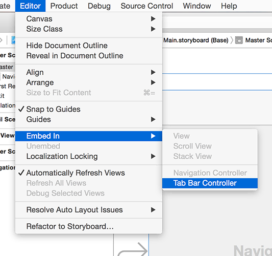 Interface Builder can embed a view controller directly inside a tab bar controller with one menu click.