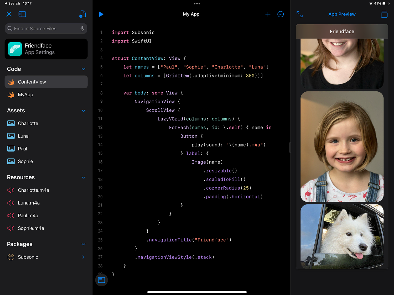 Swift Playgrounds 4 showing my project structure, code, and preview side by side.