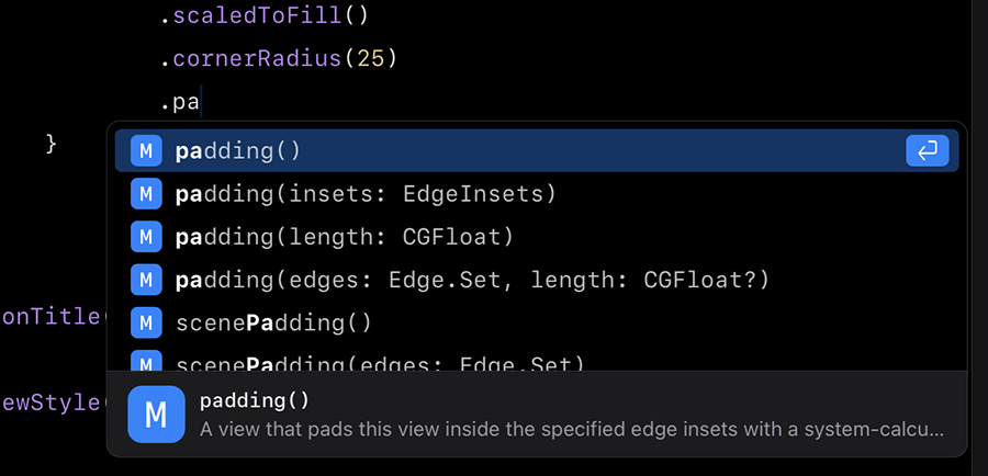 Swift Playgrounds 4 showing inline code completion.