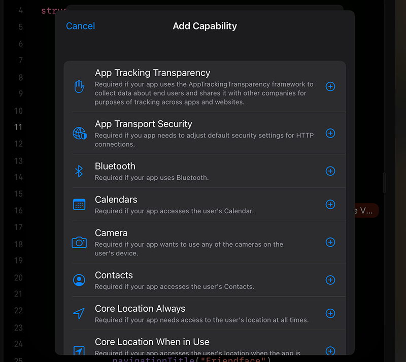 Swift Playgrounds 4 showing an easy UI to add app capabilities.