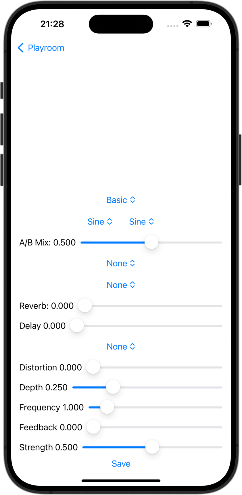 A plain-looking iOS app with lots of sliders to control synthesizer settings