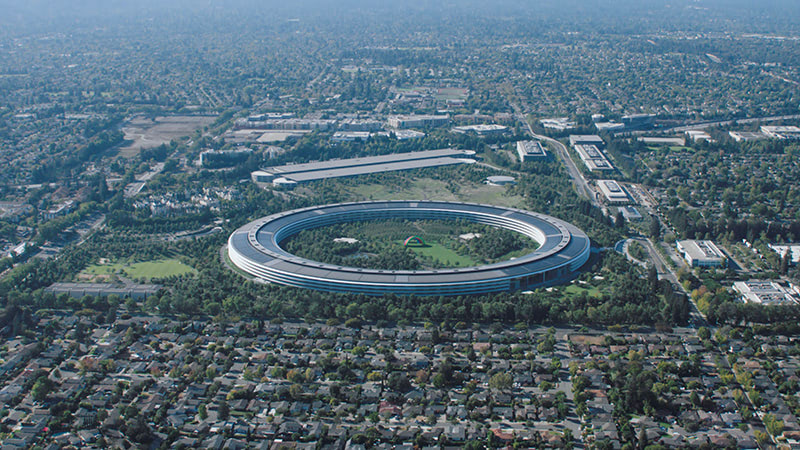 Apple Park from the air, using what is in real life an impossible angle.